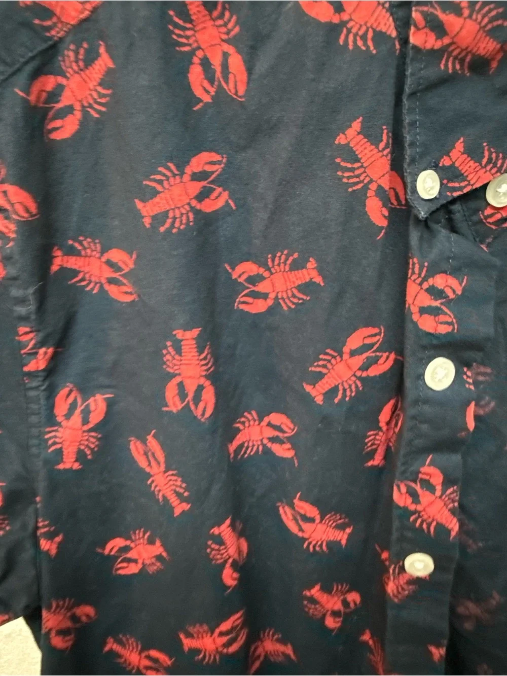 J. Crew Navy Short-Sleeve Button-Down with Red Lobster Print